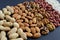 Assorted mixed nuts, peanuts, almonds, walnuts and sesame seeds.