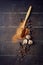 Assorted natural spices on wooden background