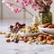 Assorted Nuts in Bowls with Cherry Blossoms, AI Generated