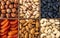 assorted nuts and dried fruit collection. Assorted nuts almonds, pistachio, cashews, walnut. Organic mixed nuts