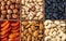 Assorted nuts and dried fruit collection. Assorted nuts almonds, pistachio, cashews, walnut. Organic mixed nuts background.