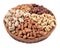 Assorted nuts in a wicker bowl on a white background