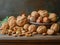 Assorted nuts in on a wooden table. Healthy diet and variety concept