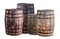 Assorted oak barrels brown and gray standing in a group on a white background