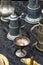 Assorted old silverware in an antique shop