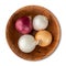 Assorted onions in a bowl isolated over white background