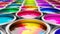 Assorted open paint cans on vibrant and colorful background for artistic projects