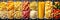 Assorted pasta products collage divided by white vertical lines in bright light environment