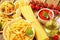 Assorted pasta, tomato passata and olive oil