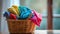 Assorted pastel color clothes neatly arranged in a wicker basket on a table