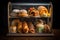 assorted pastries in a vintage display case