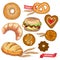 Assorted pastry set illustration with cookies, bread, bagel, croissant, pretzel and burger.