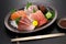 assorted sashimi tuna(medium fatty), salmon, yellowtail, and sea bream. authentic Japanese dining.