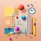 Assorted school and office colorful stationery supply on pastel trendy background as knolling. Flat lay with copy space