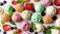 Assorted of scoops ice cream. Top view of colorful set of ice cream of different flavours with mint