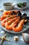 Assorted seafood platter with shellfish and lemon. Generated AI