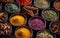 Assorted Spices and Herbs in Kitchen Bowls