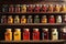 Assorted Spices in Translucent Glass Jars - Backlight Enhancing Translucence, Arranged on a Rustic Wooden Surface