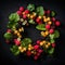 Assorted summer berry in circle, wreath, symmetrical composition, AI generative food background