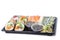 Assorted sushi rolls in a black plastic tray