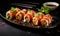 Assorted sushi rolls showcased on a dark plate. Created by AI tools