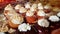 Assorted sweet Hanukkah donuts on bakery counter closeup