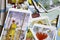 Assorted tarot cards scattered on a table, seamless pattern