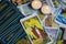 Assorted tarot cards scattered on a table, seamless pattern