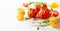 Assorted tomatoes with basil, garlic, spice and raw pasta for italian cuisine. Healthy food concept on white background