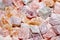 Assorted traditional turkish delight close up. Sugar coated soft candy.