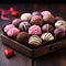 Assorted Valentines Day chocolates in a closeup view on wood