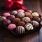 Assorted Valentines Day chocolates in a closeup view on wood