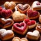 Assorted variety of heart shaped pastries, a sweet treat to celebrate romance, love and Valentine\\\'s day