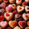 Assorted variety of heart shaped pastries, a sweet treat to celebrate romance, love and Valentine\\\'s day