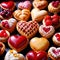 Assorted variety of heart shaped pastries, a sweet treat to celebrate romance, love and Valentine\\\'s day