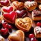 Assorted variety of heart shaped pastries, a sweet treat to celebrate romance, love and Valentine\\\'s day