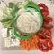 Assorted vegetable appetizer and dip, broccoli, carrots, celery, red peppers,