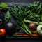 Assorted Vegetables Aligned to the Left on a Black Slate - AI Generated