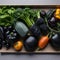 Assorted Vegetables Aligned to the Left on a Black Slate - AI Generated