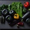 Assorted Vegetables Aligned to the Left on a Black Slate - AI Generated