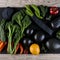 Assorted Vegetables Aligned to the Left on a Black Slate - AI Generated