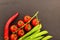 Assorted vegetables fresh tasty chilli pepper long red tomato green peas pod closeup