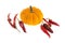 Assorted vegetables pumpkin orange and a scattering of red chili peppers on an isolated background