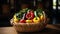 Assorted vibrant freshly harvested vegetables in woven basket textured variety, warm natural light