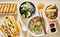 Assorted vietnamese dishes with pho, bahn mi, spring rolls