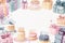 Assorted watercolor birthday cakes and gifts with a blank space