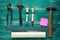 Assorted work tools on wooden background. Top wiew