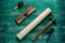 Assorted work tools on wooden background. Top wiew