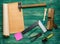 Assorted work tools on wooden background. Top wiew