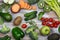 Assortment of alkaline food on wooden background